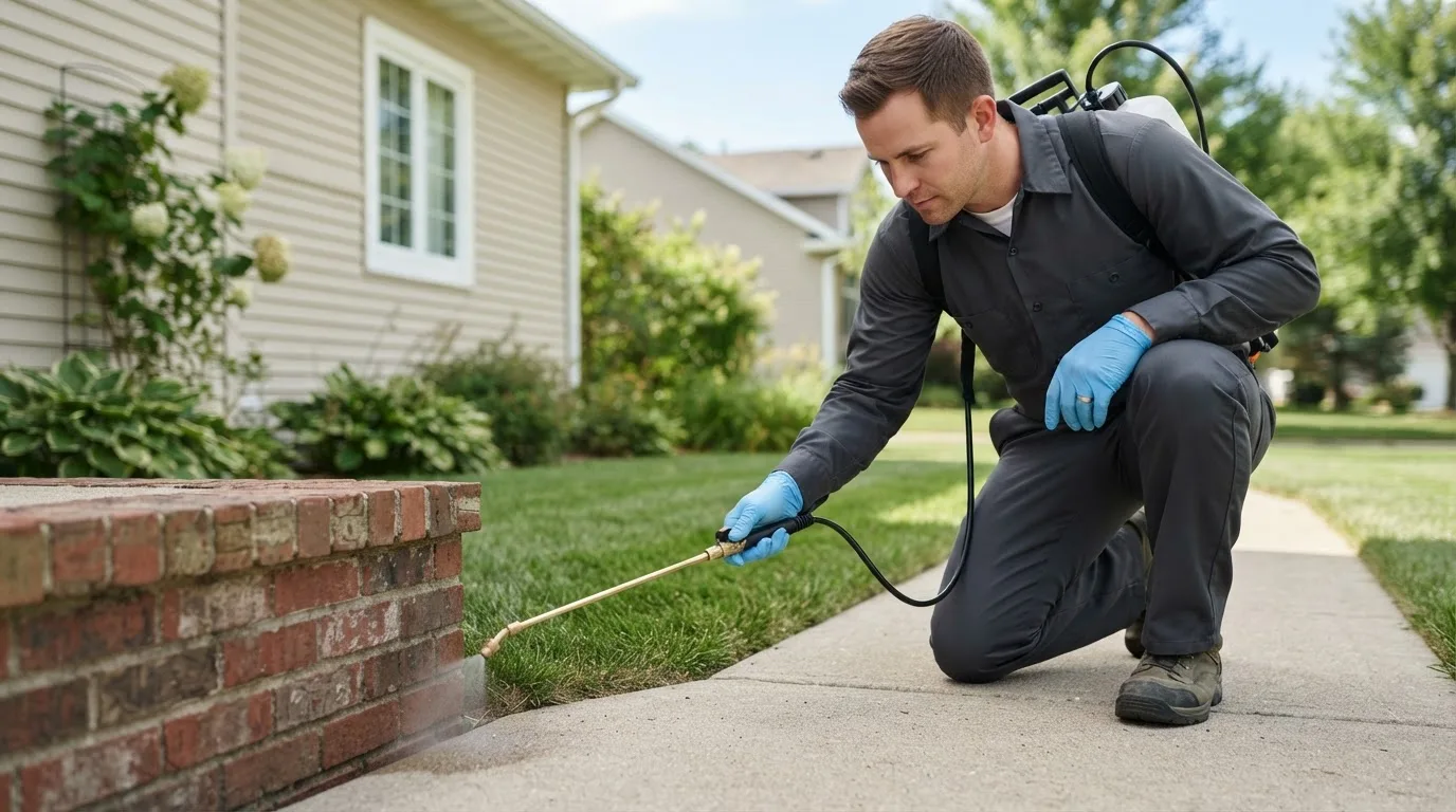 Pest control technician treating a home near Sherman, ME